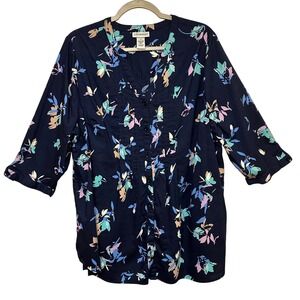 Catherines Floral 3/4 Sleeve Button Front Blouse‎ Top Women's 1X Plus Size